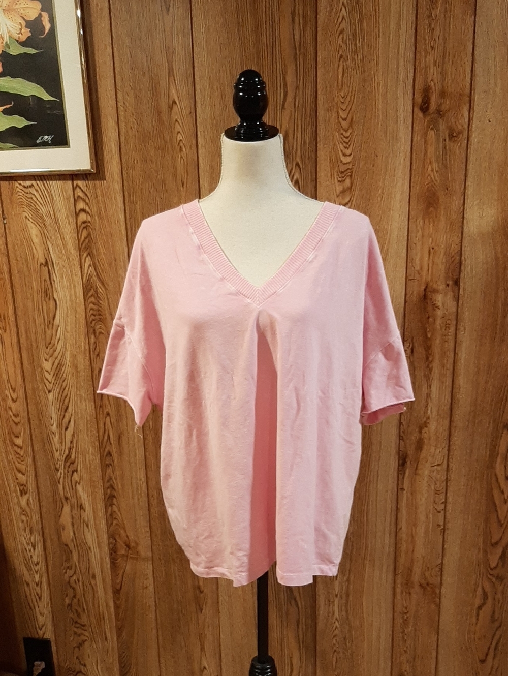 NWT J.HER Short-Sleeve Mineral-Washed V-Neck Pink Stretchy Top (M)